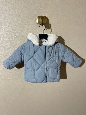 Mango Light Blue Quilted Puffer Coat with White Faux Fur Hood